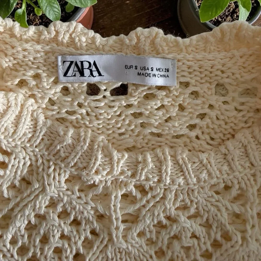 Zara Boho Ecru Pointelle Knit Bell Sleeve Floral Crochet Crop Top Small